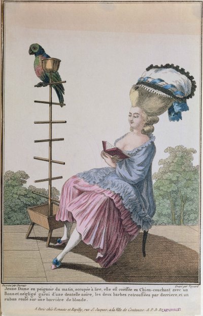 Young woman reading in a day dress with an elaborate hairstyle and bonnet, plate 20 from 